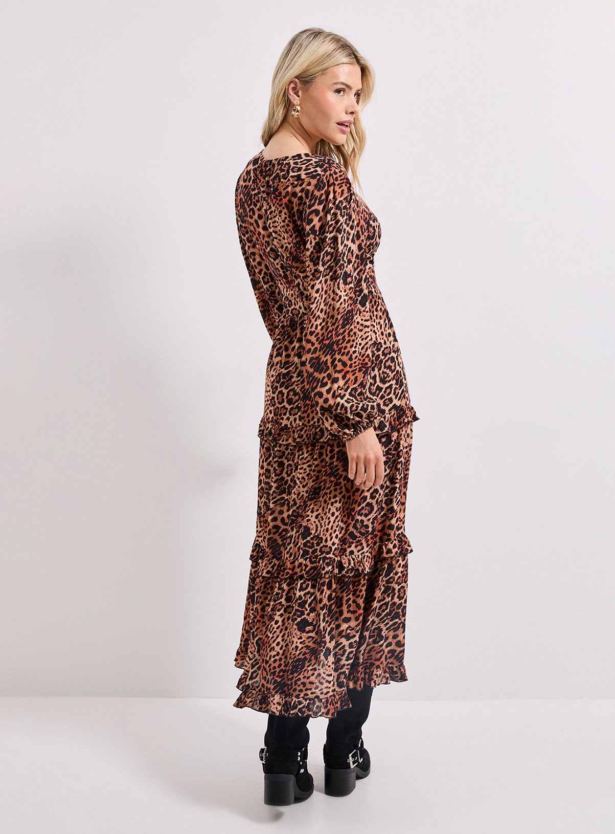 DOROTHY PERKINS Leopard Button Through Blouson Sleeve Tiered Frill Midi Dress 8 - Image 3 thumbnail